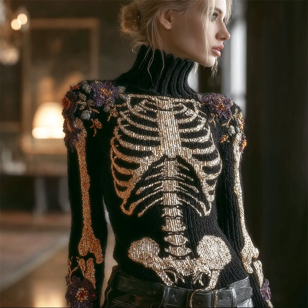 Comstylish Skeleton & Floral Women's High-neck Knit Sweater