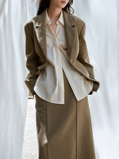 Loose Buttoned Color Long Sleeves Lapel Blouses&shirts Tops + Skirts Bottom + Notched Collar Blazer Outerwear Three Pieces Set