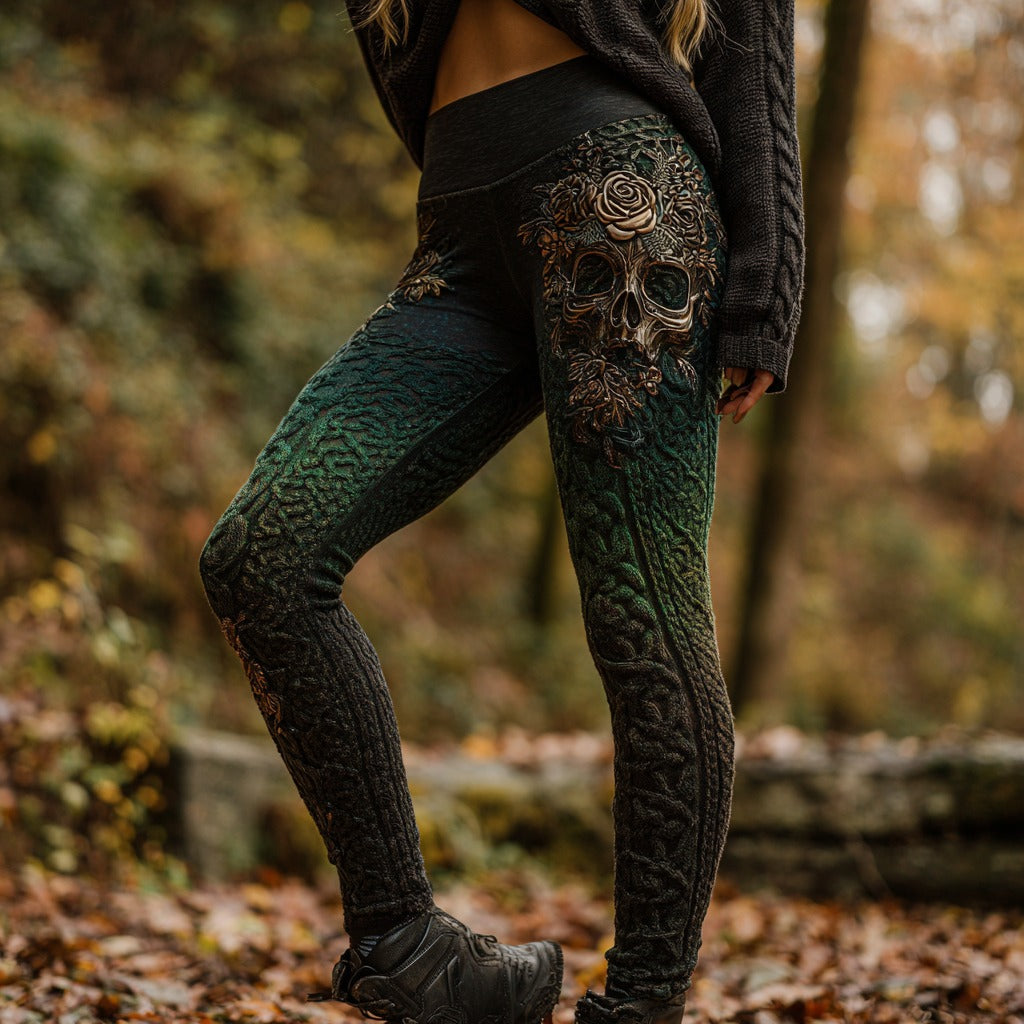 Women's Retro Skull Rose Embroidery Gradient Casual Leggings elevenforest