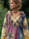 Boho Purple Roses Embroidered Colorblock Stitched Linen Hoodie elevenforest