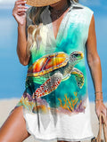 Women's Summer Turtle Print Casual V-Neck Beach Dress