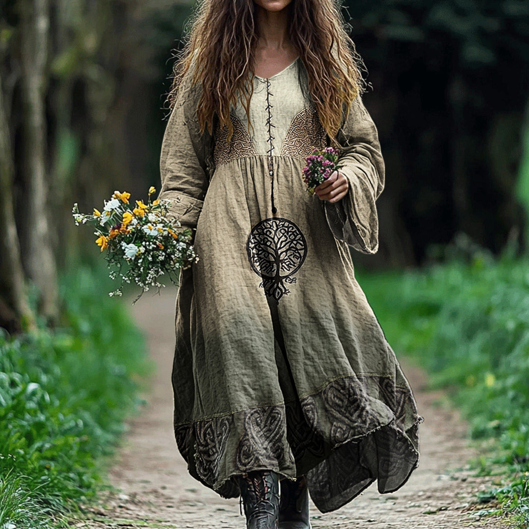 Women's Vintage Viking Tree Of Life Printed Cotton And Linen Dress elevenforest