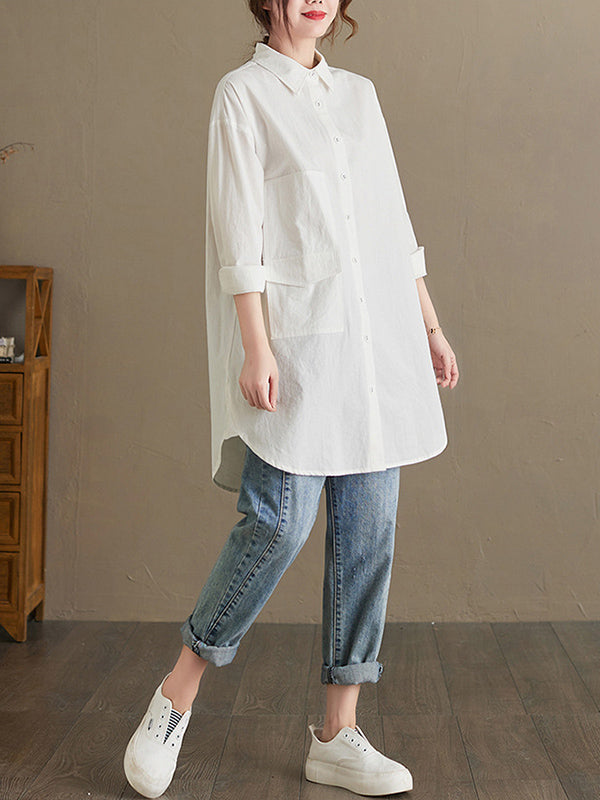 Simple Buttoned Lapel Collar Long Sleeves Blouse