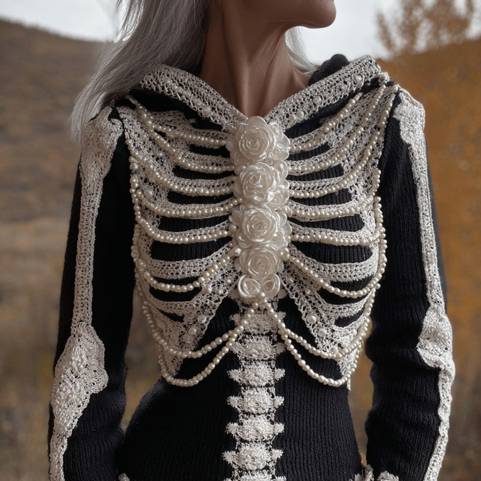 Women's Retro Halloween Plant Flower And Skull Art Design Knitted Hooded Sweater artswardrobe