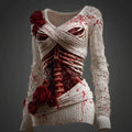 Comstylish Elegant Skeleton Bloody Roses Bandages V Neck Sweater