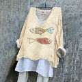 Women's Japanese Style Stitched Fish Art Pattern Vintage Linen Shirt elevenforest