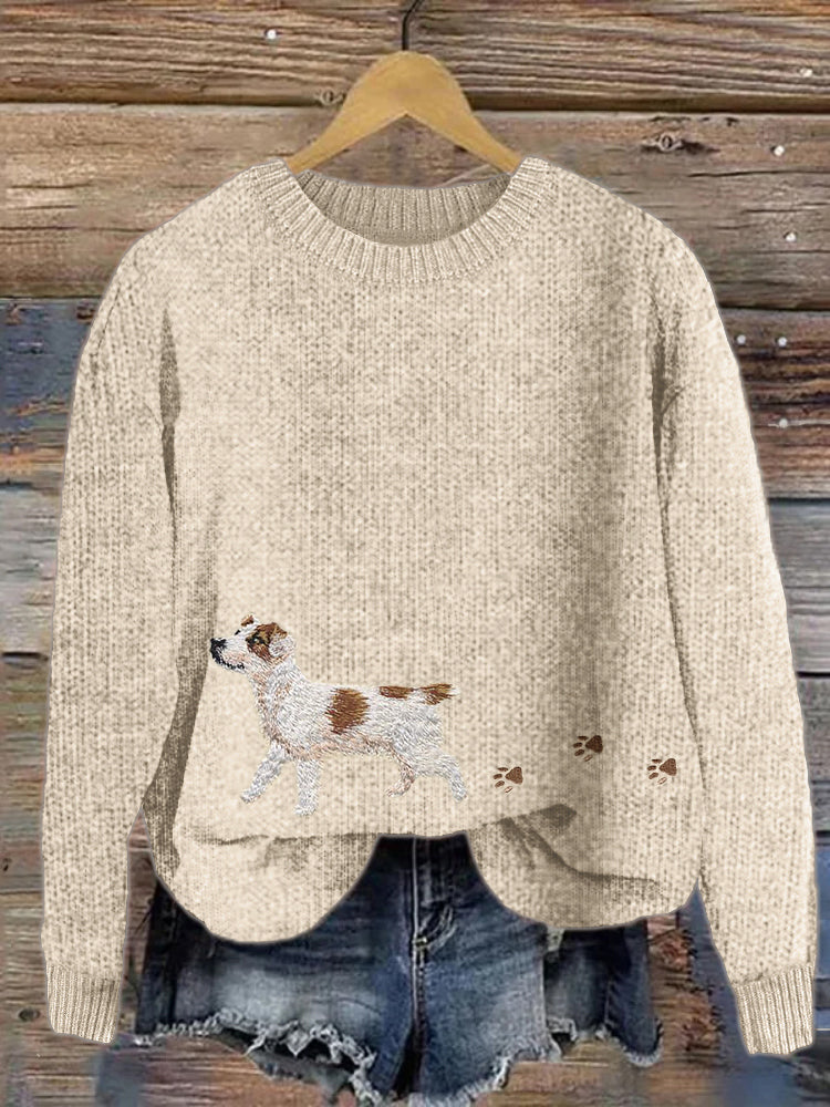 Comstylish Jack Russell Terrier & Paw Prints Embroidered Cozy Sweater