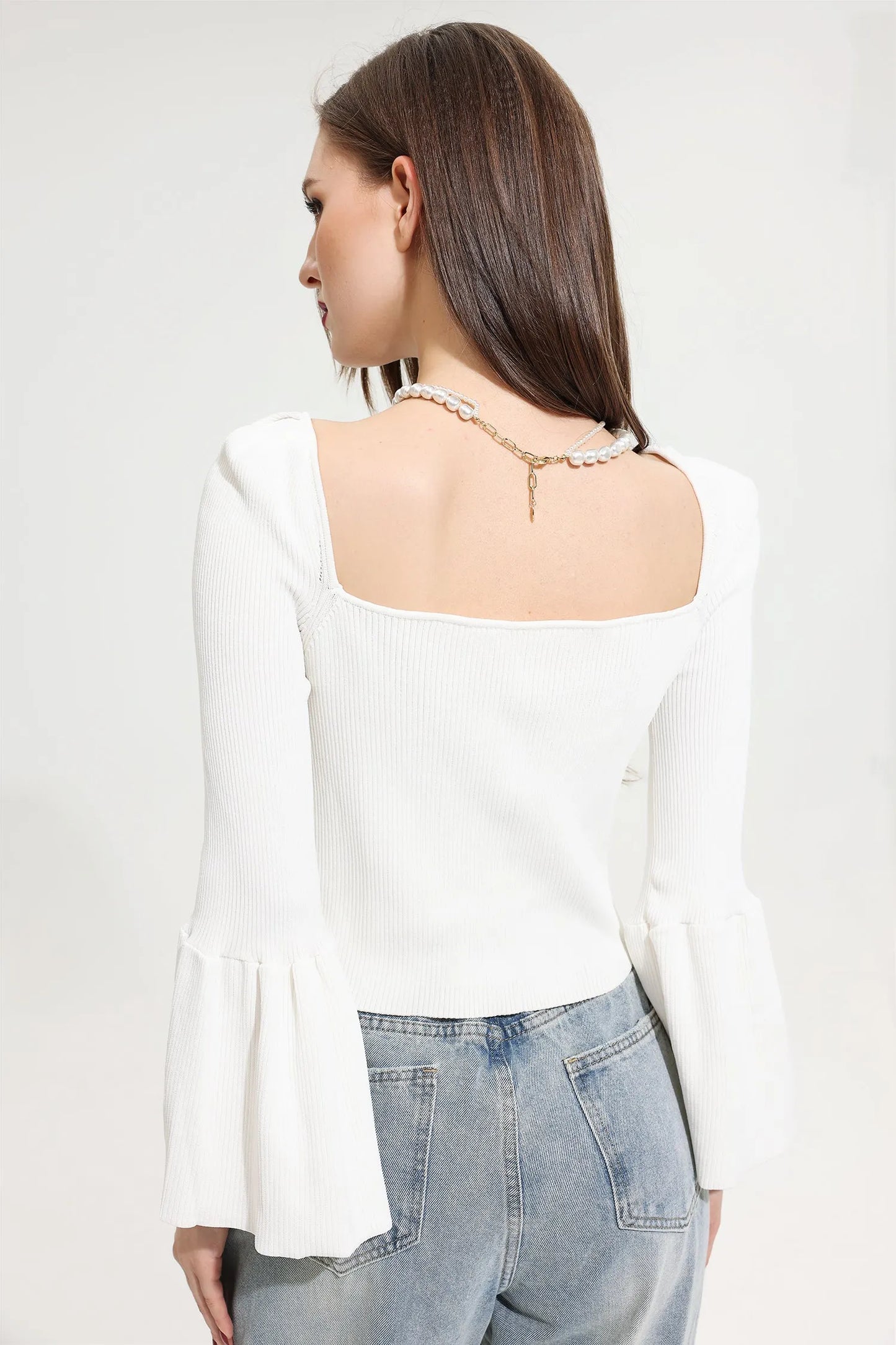 Woolen Knit Sweetheart Neck Long Sleeve Top White