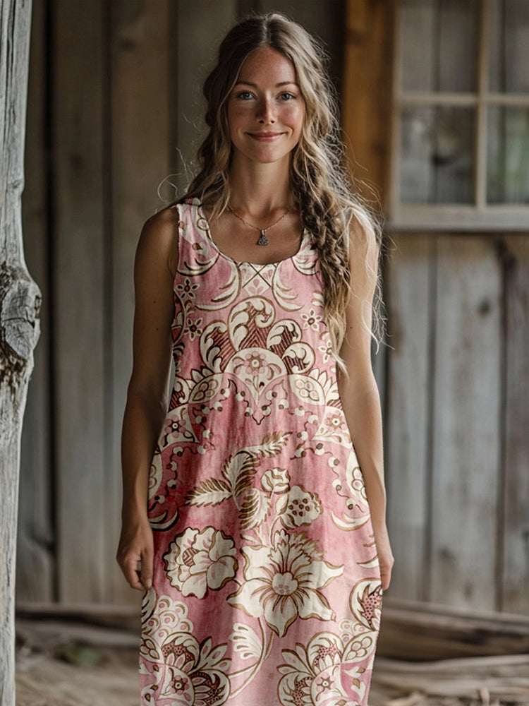 Vintage Floral Pattern Linen Tank Maxi Dress elevenforest