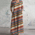 Color Stripes Print V-neck Linen Blend Midi Dress elevenforest