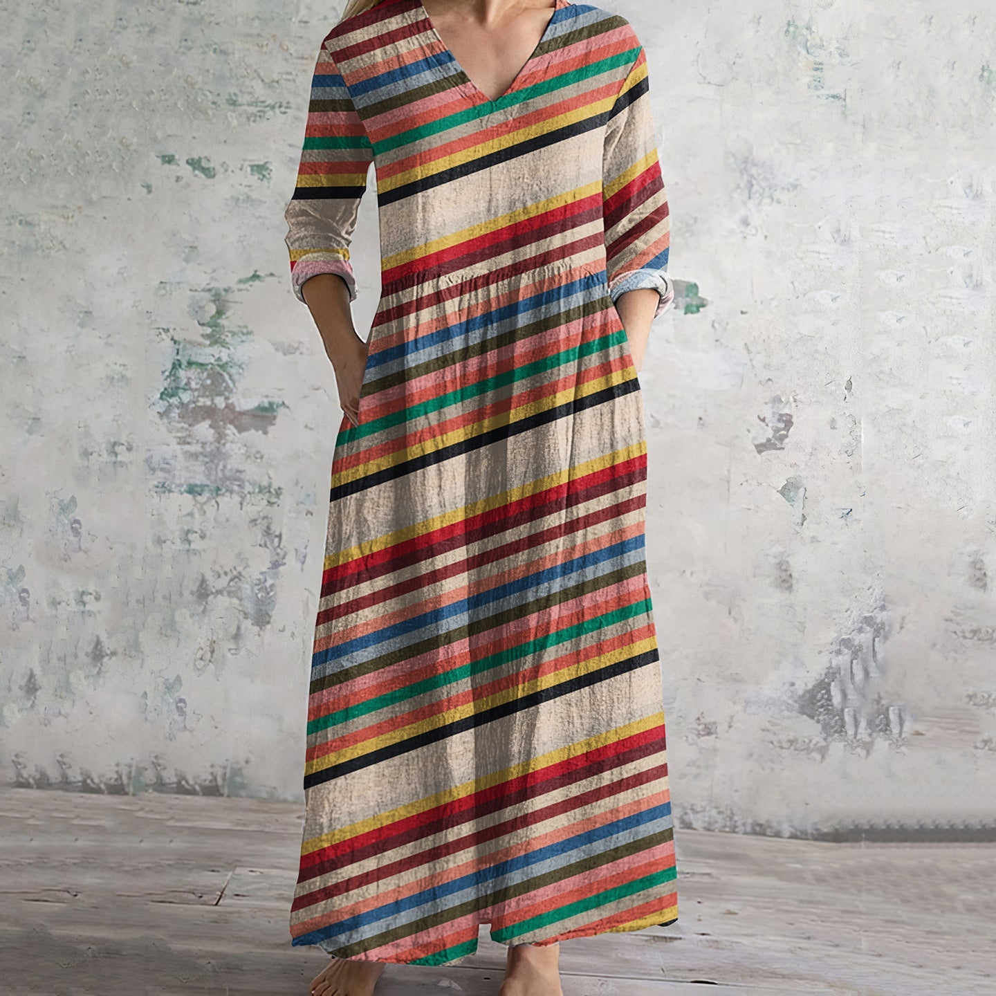 Color Stripes Print V-neck Linen Blend Midi Dress elevenforest