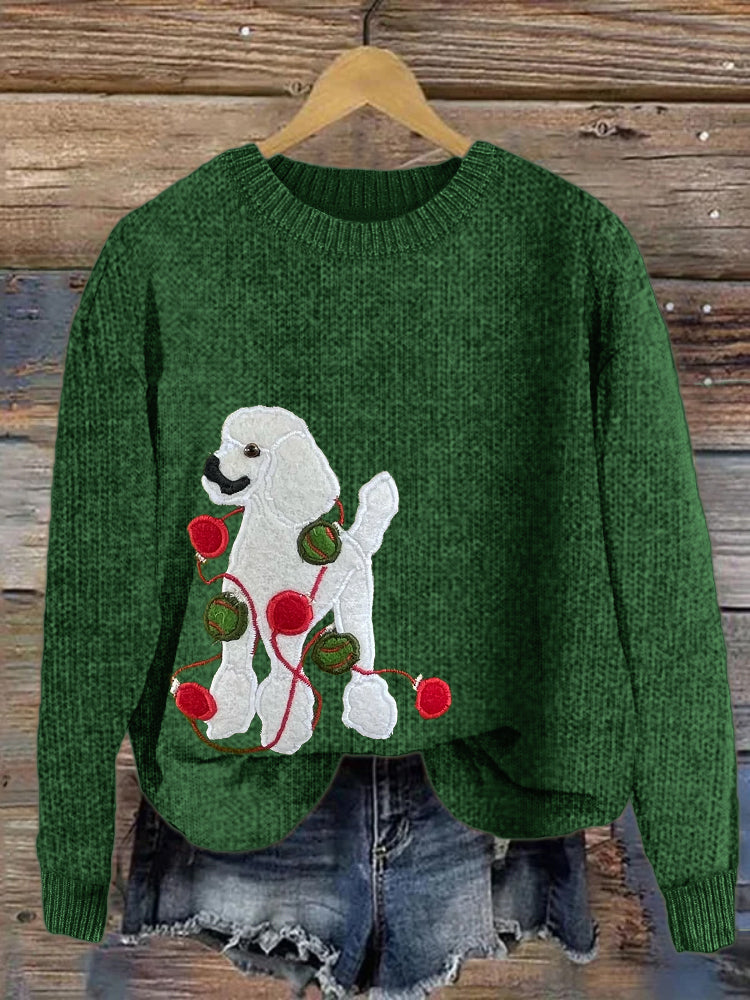 Comstylish Funny Christmas Poodle Dog Embroidered Cozy Sweater
