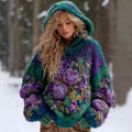 Comstylish Women's Gradient Rose And Floral Flannel Knitted Warm Hooded Sweater