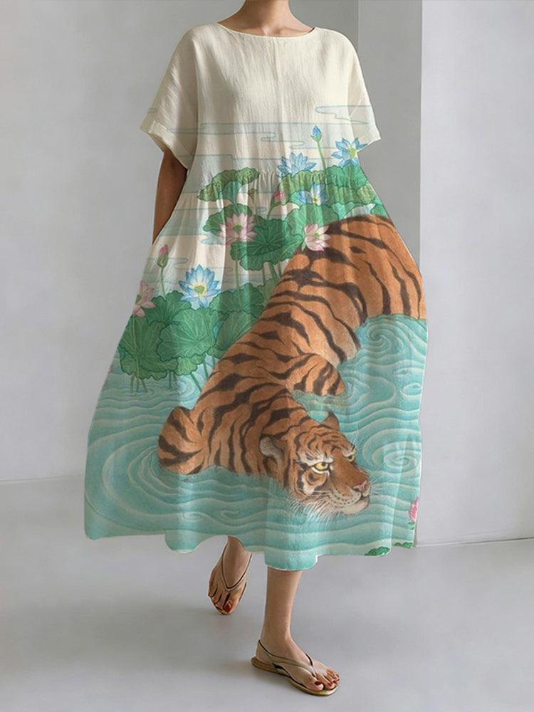 Comstylish Lotus Pond Tiger Print Round Neck Casual Dress