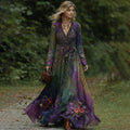 Vintage Classy Gradient Purple Peacock And Floral Embroidered V Neck Maxi Dress