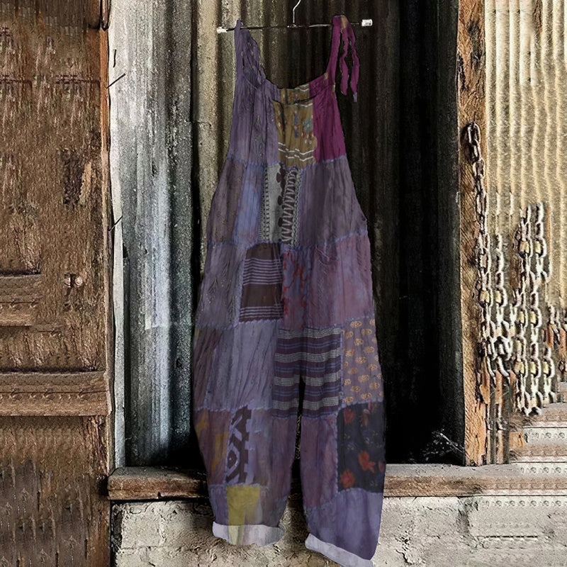Women's Bohemian Style Patchwork Linen Print Cotton Linen Jumpsuit elevenforest
