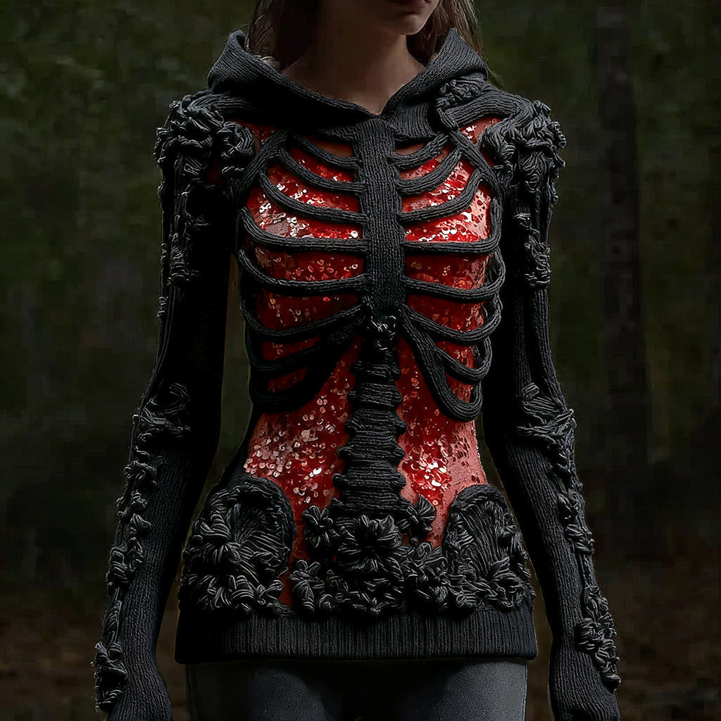 Halloween Skull Floral Knitted Warm Hooded Sweater artswardrobe