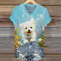 Comstylish Cute Dog Art Print Casual Short Sleeve V-neck T-shirt