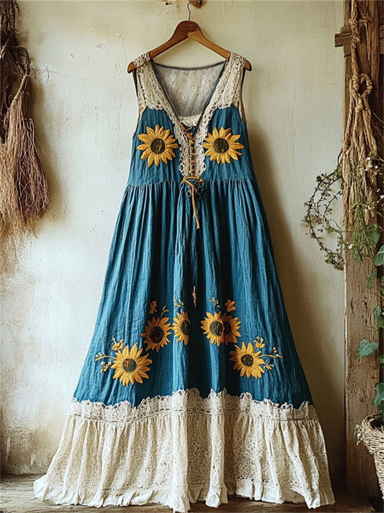 Boho Sunflowers Embroidered Lace Patchwork Linen Dress elevenforest
