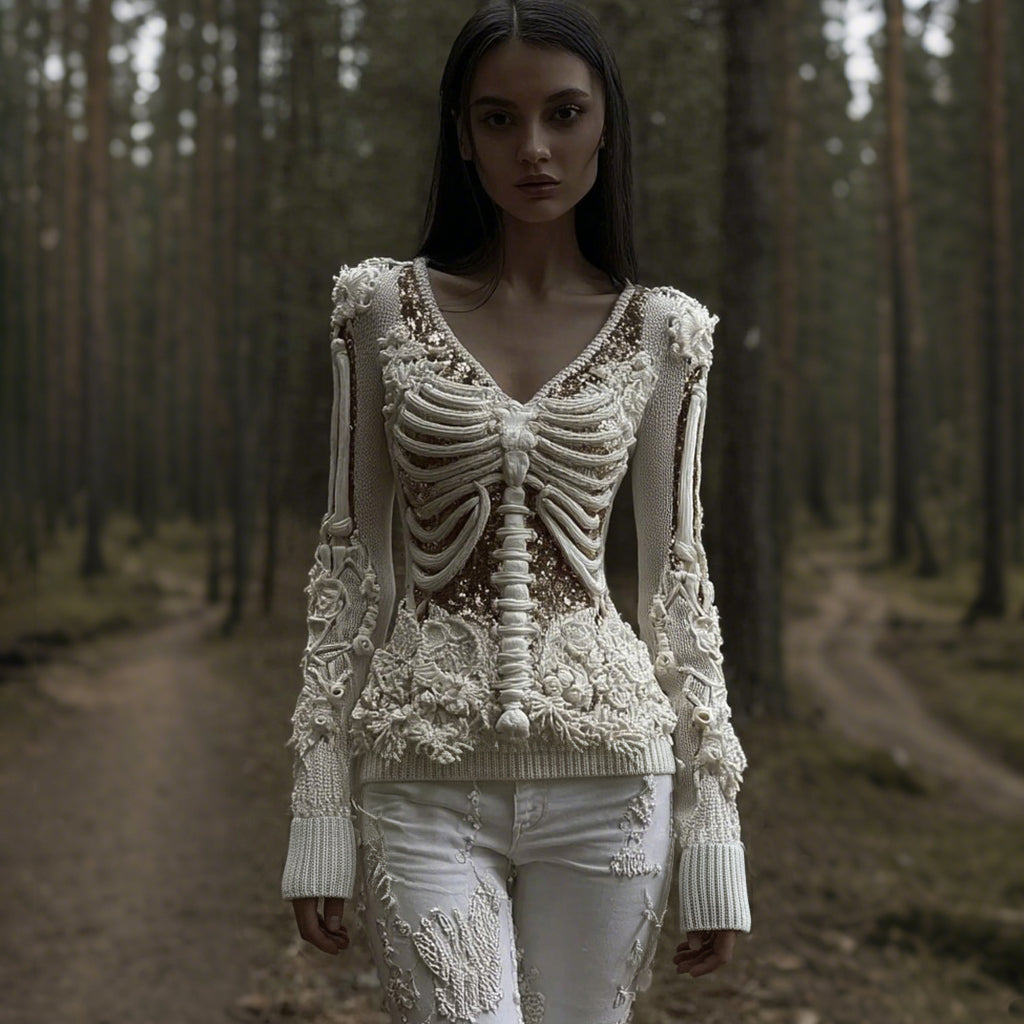 Comstylish Women's Vintage Skull Sequined Knitted V-neck Sweater