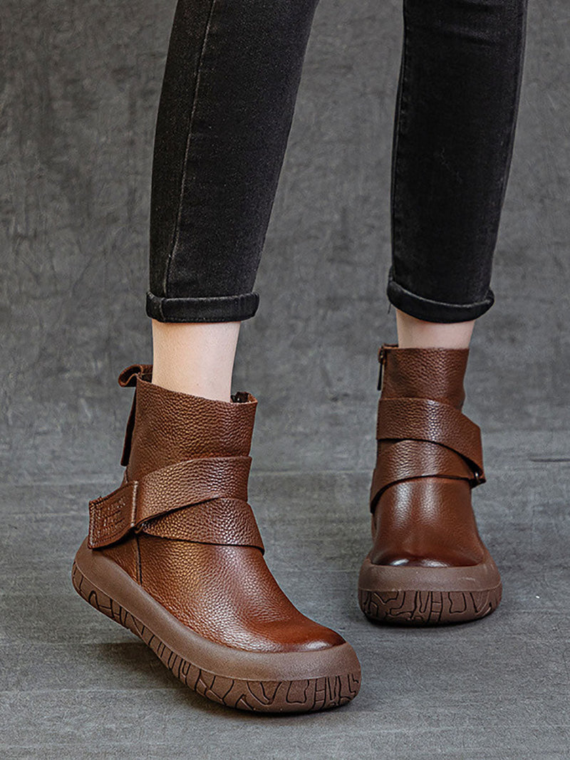 Genuine Leather Spliced Flat Ankle Boots Av1039