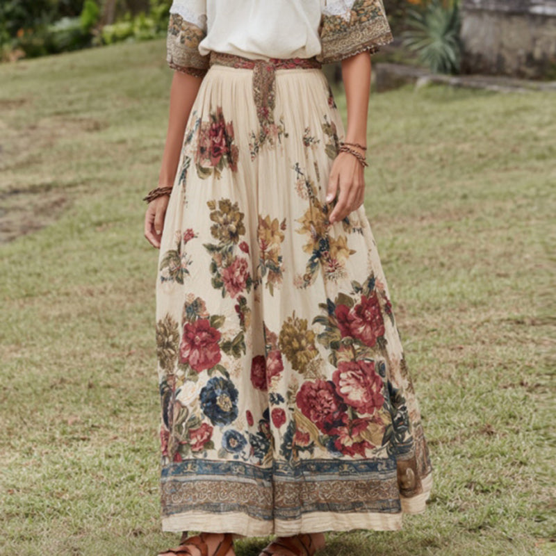 Women's Vintage Floral Linen Midi Skirt elevenforest