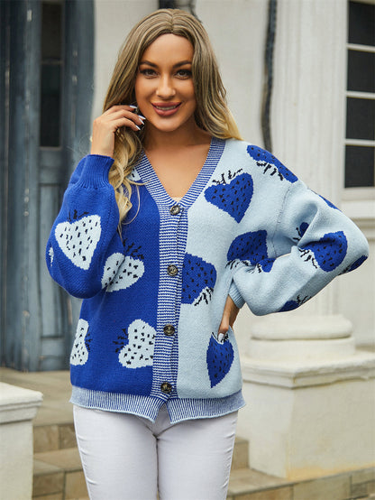Autumn Winter ’s V-neck Strawberry Cardigan With Buttoned Coat