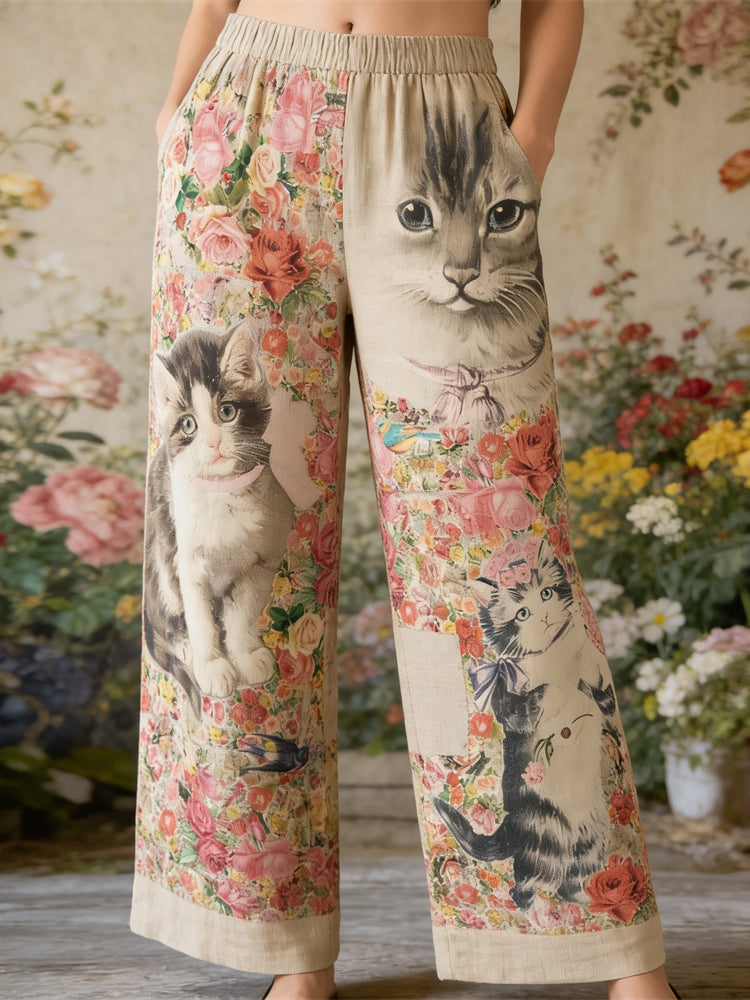 Boho Floral Cat Pattern Vintage Women's Linen Trousers elevenforest