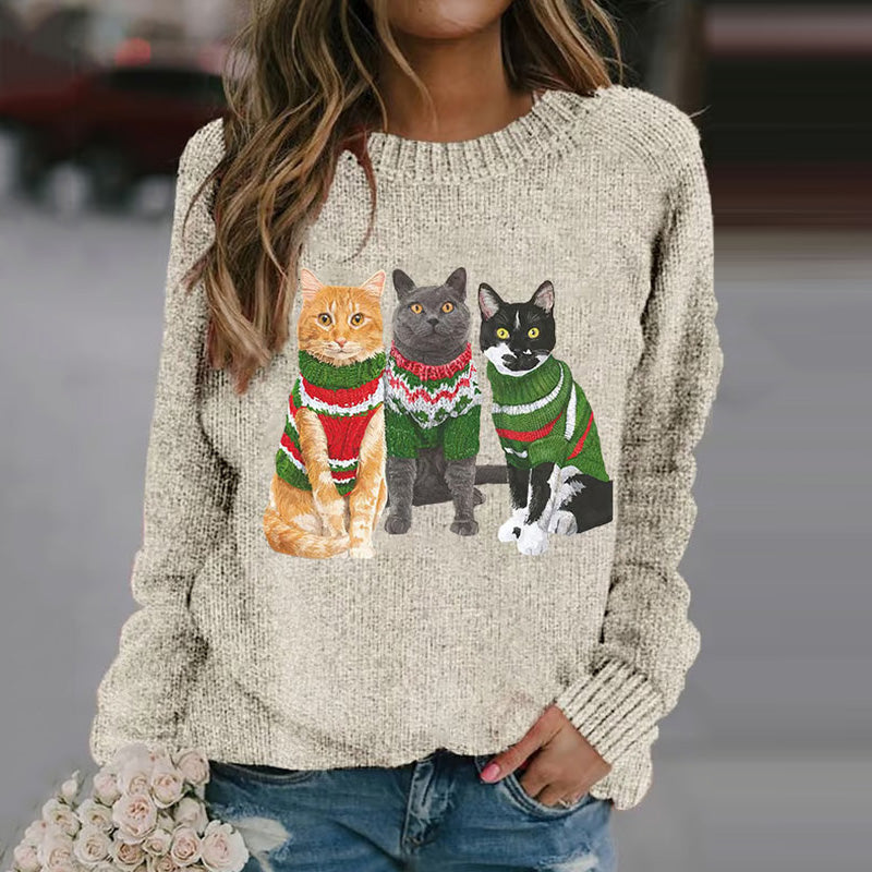 Christmas Cat Print Cozy Knit Sweater elevenforest