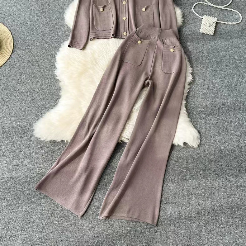 Knitted Cardigan Top Spring Autumn High End Sweater Jacket High Waist Slimming Wide Leg Pants Suit