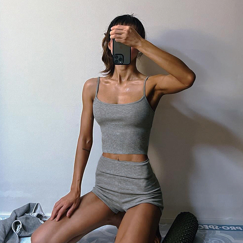 Basic Sports Thread Knitting Color Camisole Shorts Homewear Two Piece Set