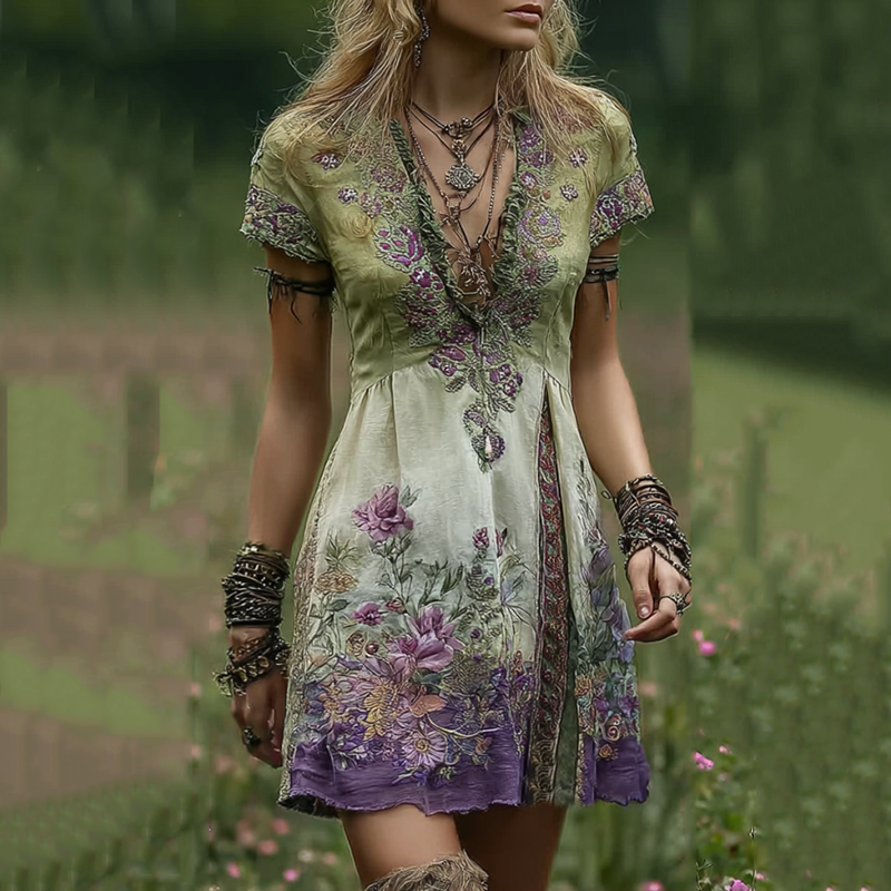 Vintage Gradient Purple Floral Embroidered Patchwork Linen Midi Dress elevenforest