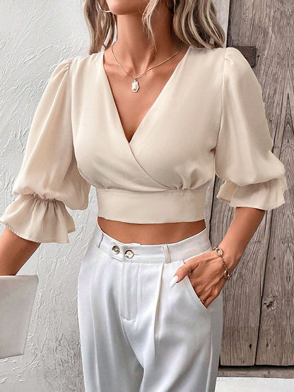 Half Sleeves Loose Elasticity Hollow Ruffled Color Tied V-neck Blouses&shirts Tops