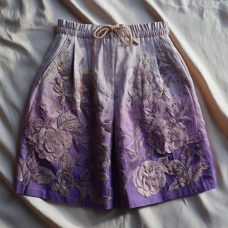 Vintage Purple Roses Embroidered Gradient Linen Shorts elevenforest