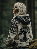 Comstylish Women's Viking Style Tree Of Life Flat Embroidered Hooded Sweater