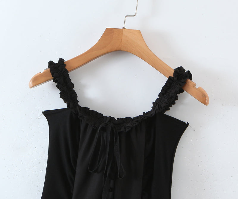 ’s Wooden Ear Strapless Black Slimming Camisole Layer Dress – Crisscross Style