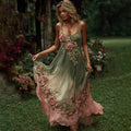 Vintage Pink Roses Art Gradient Embroidered Linen Suspender Long Dress elevenforest
