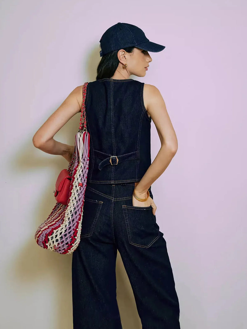 Denim Vest With Back Belt