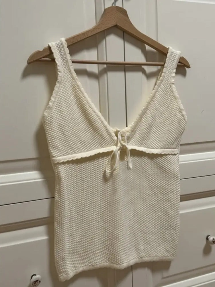 Taruxy Retro Deep V Neck Crop Top Y2k Ruffle Tank Tops Tie Up Bow Knitted Woman Backless Tops New