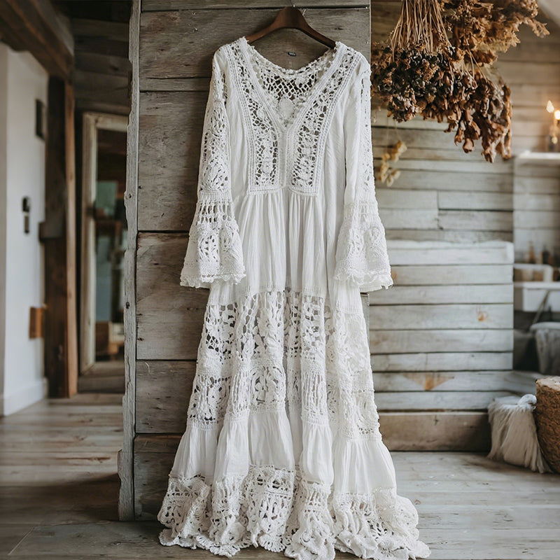 Women's Lace Floral Pattern V-neck Long Sleeve Midi Dress elevenforest