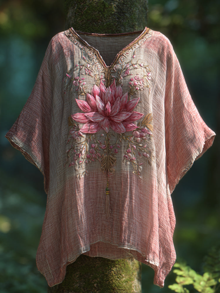 Bohemian Style Lotus Embroidery Tie-dye Vintage V-neck Short-sleeved Shirt elevenforest
