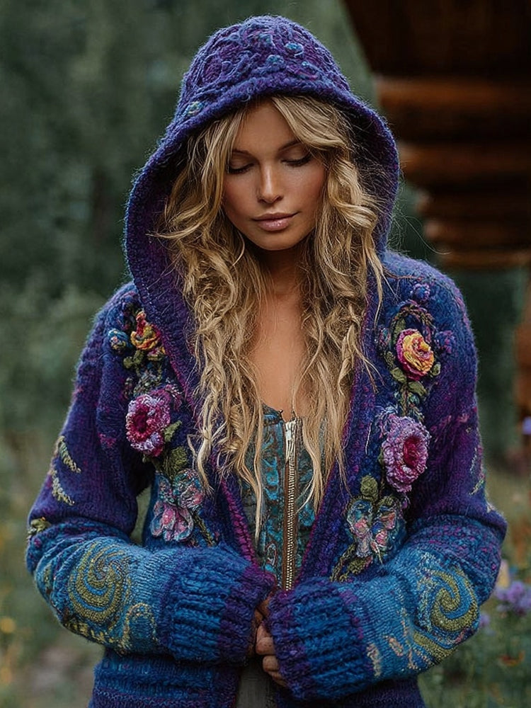Vintage Boho Purple Flowers Cozy Knit Hooded Cardigan elevenforest
