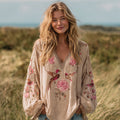 Women's Bohemian Floral And Birds V-neck Long-sleeved T-shirt elevenforest