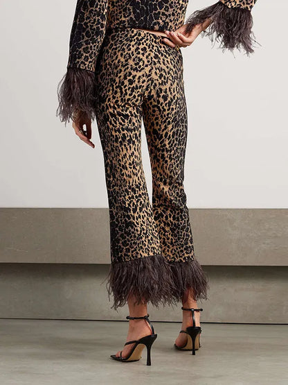 Long Sleeves Feathers Leopard Round-neck Pants Pants Set T-shirts Tops Two-piece Sets