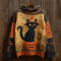 Comstylish Halloween Black Cat With Hat & Pumpkin Art Women's Knit Hooded Sweater