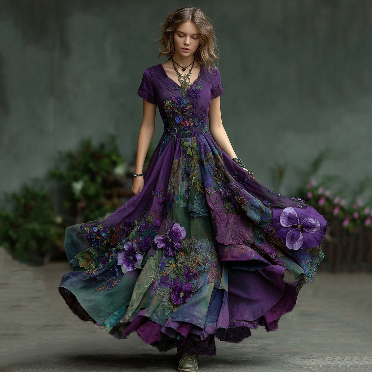 Women's Vintage Embroidered Pansy Floral Patchwork Plaid Short Sleeve Maxi Dress elevenforest