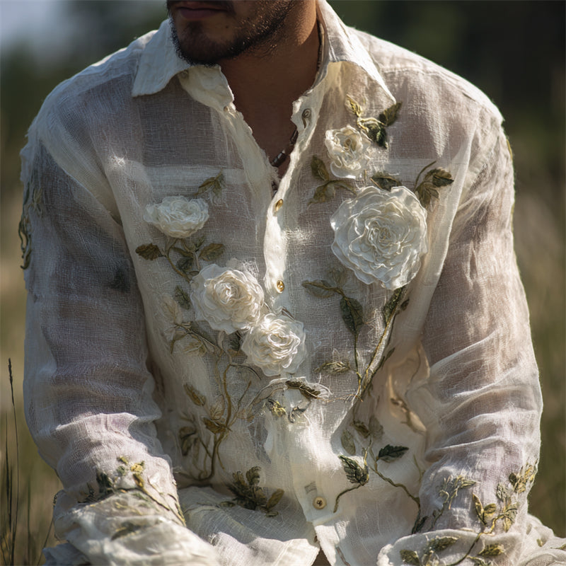 Men's White Roses Vines Fiber Art Flowy Linen Shirt elevenforest
