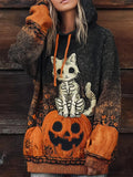 Comstylish Halloween Skeleton Cat & Pumpkin Women's Hooded Sweater