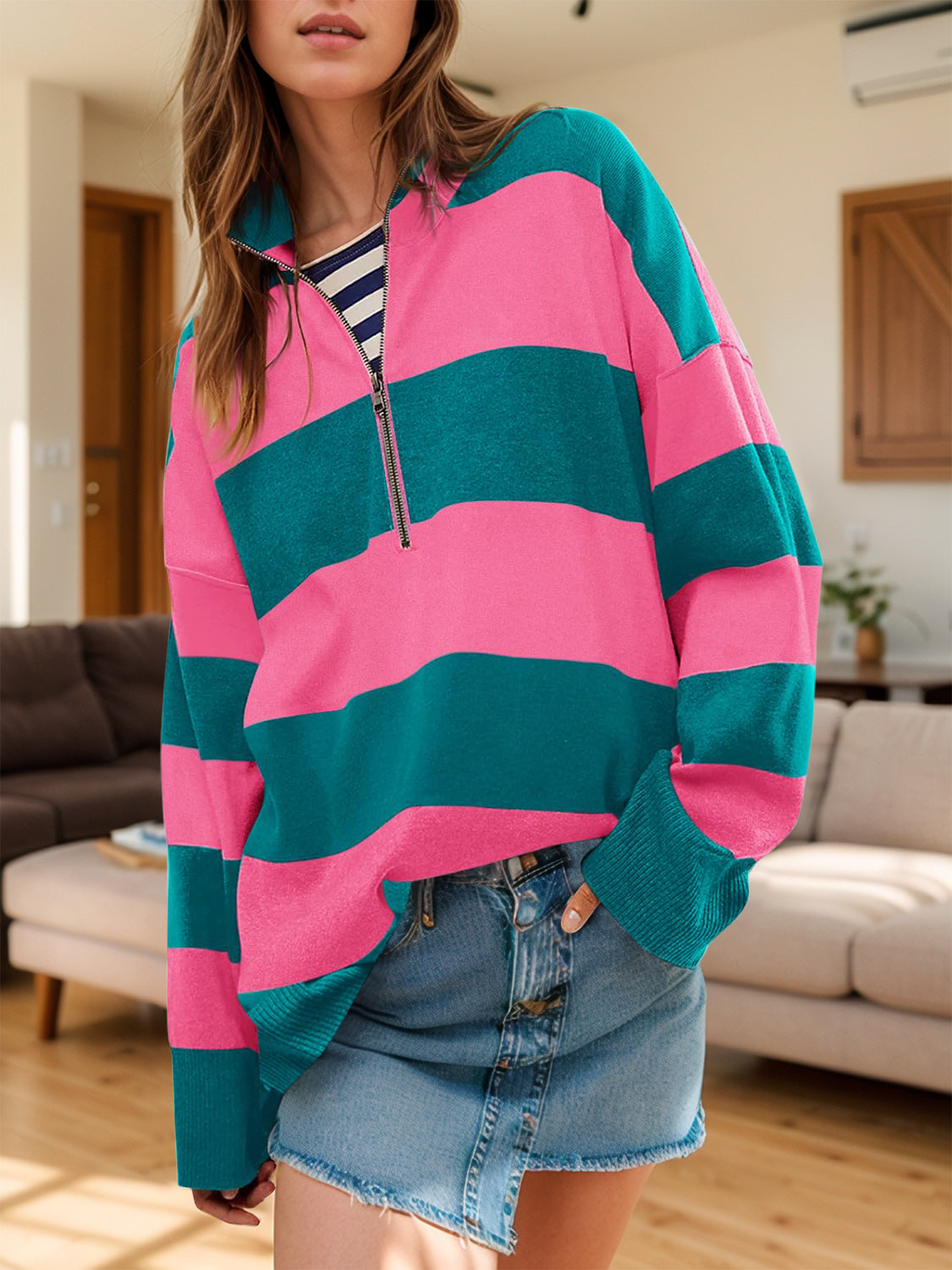 Lidia® | Color block half zip sweater with long sleeves