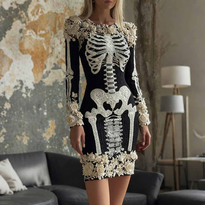 Comstylish Classy Skull And Roses Art Cozy Knit Sweater Dress